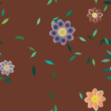 Serbest kompozisyonda yeşil yapraklı basit çiçekler, vektör illüstrasyonu