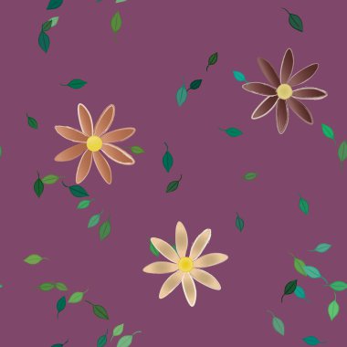 Serbest kompozisyonda yeşil yapraklı basit çiçekler, vektör illüstrasyonu