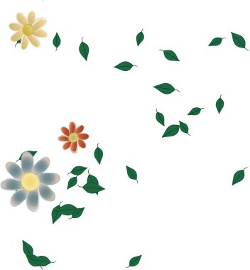 Basit renkli çiçekleri ve arka planda yeşil yaprakları olan güzel kompozisyon, vektör illüstrasyonu