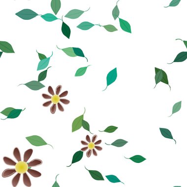 Serbest kompozisyonda yeşil yapraklı basit çiçekler, vektör illüstrasyonu