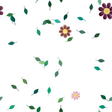 Serbest kompozisyonda yeşil yapraklı basit çiçekler, vektör illüstrasyonu