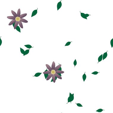 Basit renkli çiçekleri ve arka planda yeşil yaprakları olan güzel kompozisyon, vektör illüstrasyonu