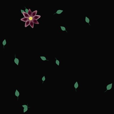 Basit renkli çiçekleri ve siyah arkaplanda yeşil yaprakları olan güzel kompozisyon, vektör illüstrasyonu  