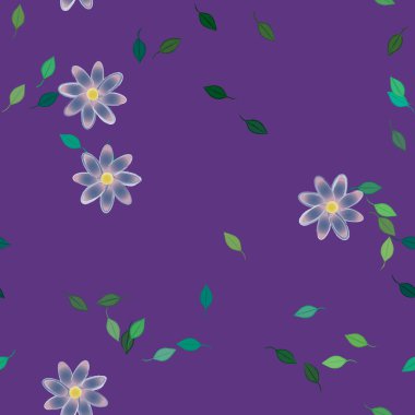 Serbest kompozisyonda yeşil yapraklı basit çiçekler, vektör illüstrasyonu