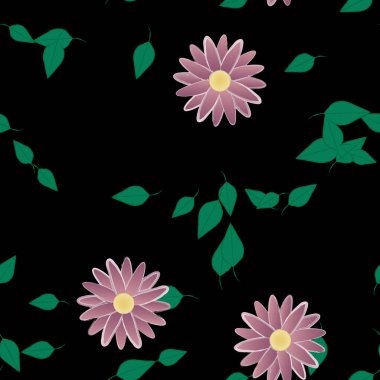 Basit renkli çiçekleri ve arka planda yeşil yaprakları olan güzel kompozisyon, vektör illüstrasyonu