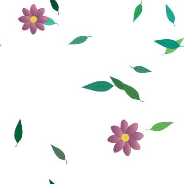 arkaplanda renkli çiçekler ve yeşil yapraklar, vektör illüstrasyonu