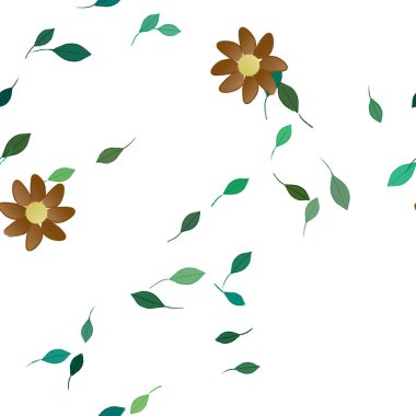 Basit renkli çiçekleri ve arka planda yeşil yaprakları olan güzel kompozisyon, vektör illüstrasyonu