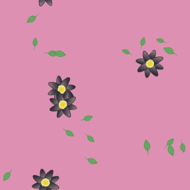 Basit renkli çiçekleri ve arka planda yeşil yaprakları olan güzel kompozisyon, vektör illüstrasyonu