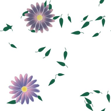 basit renkli çiçekleri olan serbest kompozisyon ve duvar kağıdı için yeşil yapraklar, vektör illüstrasyonu