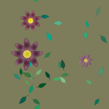 arkaplanda renkli çiçekler ve yeşil yapraklar, vektör illüstrasyonu