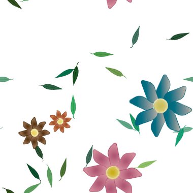 Basit renkli çiçekleri ve arka planda yeşil yaprakları olan güzel kompozisyon, vektör illüstrasyonu