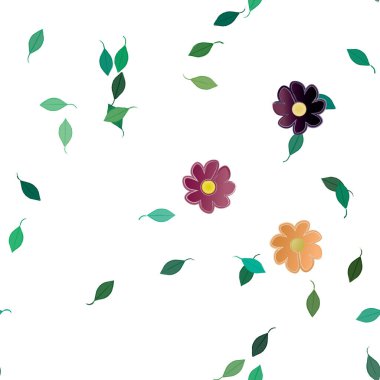 Basit renkli çiçekleri ve arka planda yeşil yaprakları olan güzel kompozisyon, vektör illüstrasyonu  