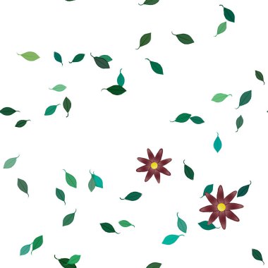 Basit renkli çiçekleri ve arka planda yeşil yaprakları olan güzel kompozisyon, vektör illüstrasyonu