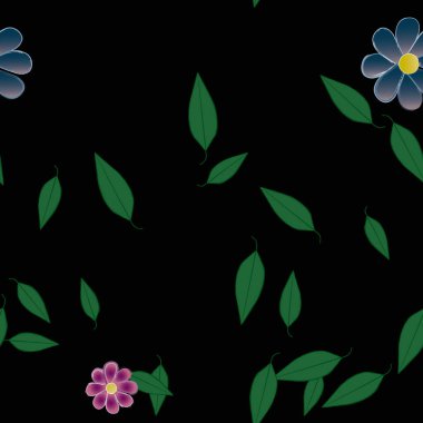 Basit renkli çiçekleri ve arka planda yeşil yaprakları olan güzel kompozisyon, vektör illüstrasyonu