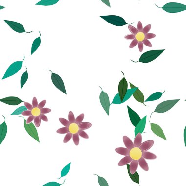 basit renkli çiçekleri olan serbest kompozisyon ve duvar kağıdı için yeşil yapraklar, vektör illüstrasyonu