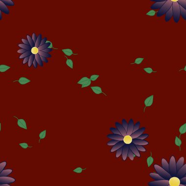 basit renkli çiçekleri olan serbest kompozisyon ve duvar kağıdı için yeşil yapraklar, vektör illüstrasyonu