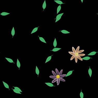 Serbest kompozisyonda yeşil yapraklı basit çiçekler, vektör illüstrasyonu