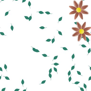 Basit renkli çiçekleri ve beyaz arkaplanda yeşil yaprakları olan güzel kompozisyon, vektör illüstrasyonu  