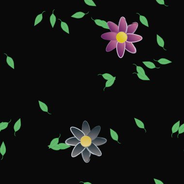 Basit renkli çiçekleri ve arka planda yeşil yaprakları olan güzel kompozisyon, vektör illüstrasyonu