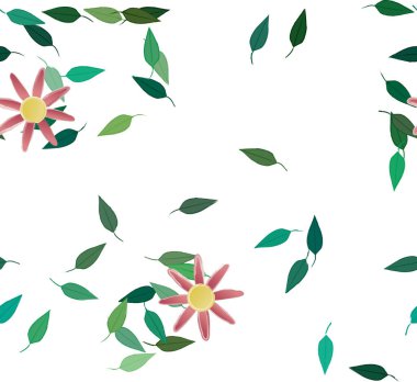 Basit renkli çiçekleri ve arka planda yeşil yaprakları olan güzel kompozisyon, vektör illüstrasyonu