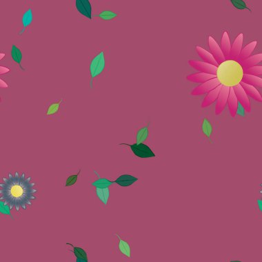 Basit renkli çiçekleri ve arka planda yeşil yaprakları olan güzel kompozisyon, vektör illüstrasyonu