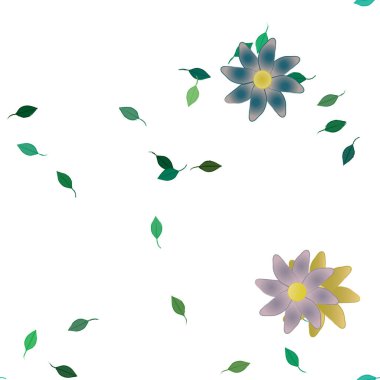 Serbest kompozisyonda yeşil yapraklı basit çiçekler, vektör illüstrasyonu