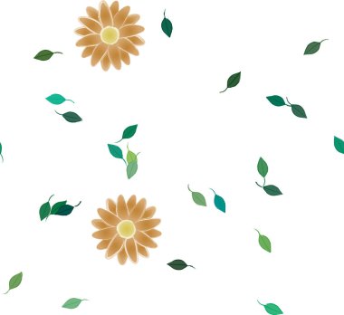 Serbest kompozisyonda yeşil yapraklı basit çiçekler, vektör illüstrasyonu