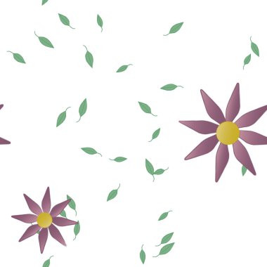 arkaplanda renkli çiçekler ve yeşil yapraklar, vektör illüstrasyonu