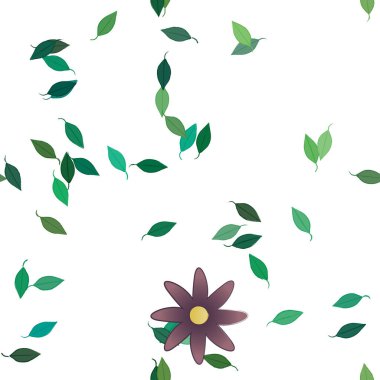 Basit renkli çiçekleri ve arka planda yeşil yaprakları olan güzel kompozisyon, vektör illüstrasyonu