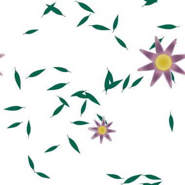 Basit renkli çiçekleri ve arka planda yeşil yaprakları olan güzel kompozisyon, vektör illüstrasyonu