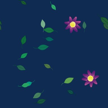 Serbest kompozisyonda yeşil yapraklı basit çiçekler, vektör illüstrasyonu