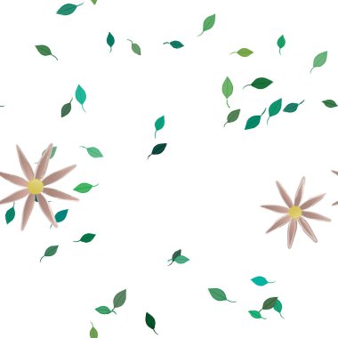 Basit renkli çiçekleri ve arka planda yeşil yaprakları olan güzel kompozisyon, vektör illüstrasyonu