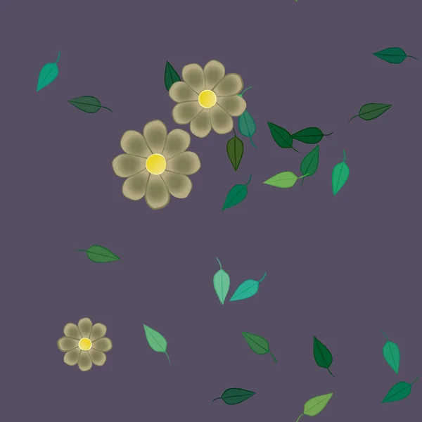 Όμορφη Σύνθεση Απλά Χρωματιστά Λουλούδια Και Πράσινα Φύλλα Βιολετί Φόντο — Διανυσματικό Αρχείο