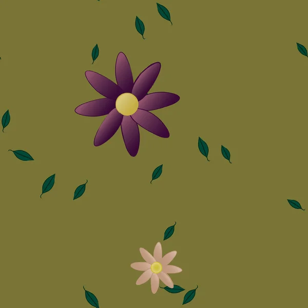 Piękny Skład Prostymi Kolorowymi Kwiatami Zielonymi Liśćmi Zielonym Tle Ilustracja — Wektor stockowy