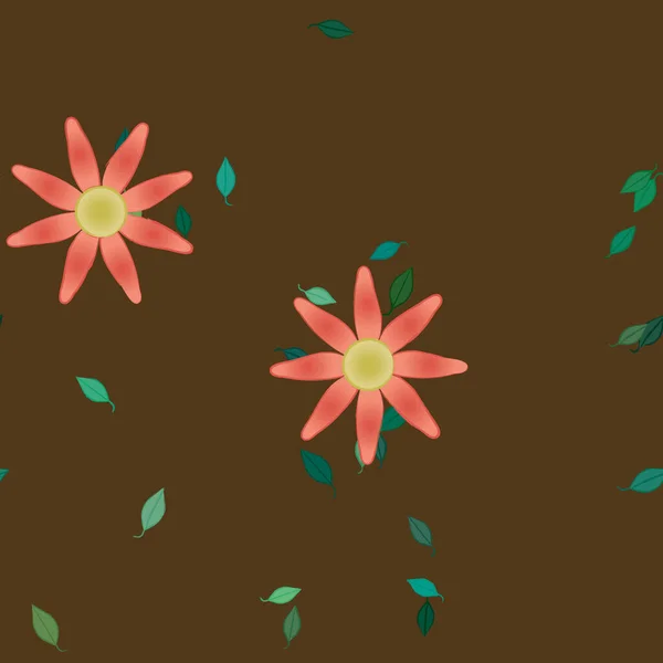 Plantilla Vector Con Flores Coloridas Simples Hojas Verdes — Archivo Imágenes Vectoriales