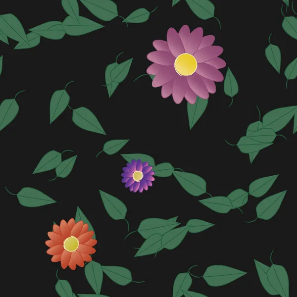 Modèle Vectoriel Avec Des Fleurs Colorées Simples Des Feuilles Vertes — Image vectorielle