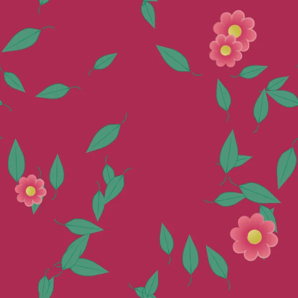 Hermosa Composición Con Flores Colores Simples Hojas Verdes Fondo Rosa — Vector de stock