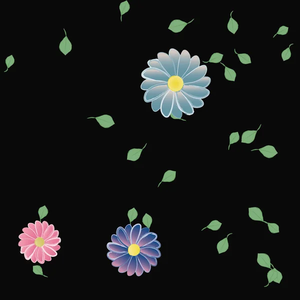 Flores Simples Con Hojas Verdes Composición Libre Ilustración Vectorial — Vector de stock