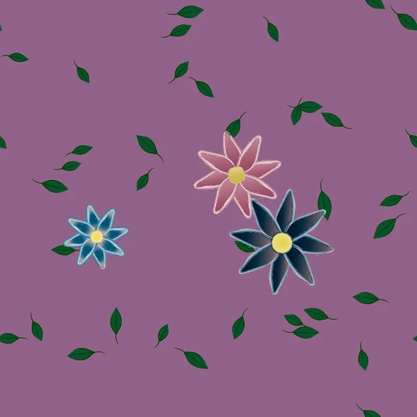 Красивая Композиция Простыми Цветными Цветами Зелеными Листьями Фиолетовом Фоне Векторная — стоковый вектор