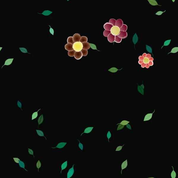 Hermosa Composición Con Flores Colores Simples Hojas Verdes Fondo Negro — Vector de stock