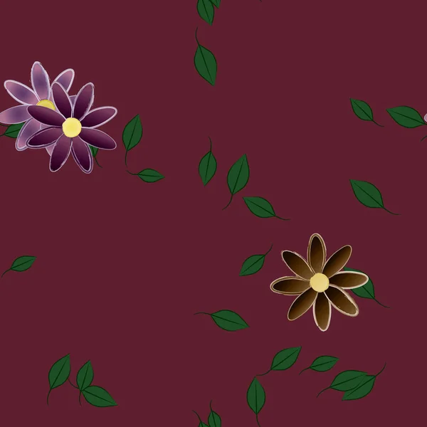 Gyönyörű Kompozíció Egyszerű Színes Virágok Zöld Levelek Burgundi Háttér Vektor — Stock Vector