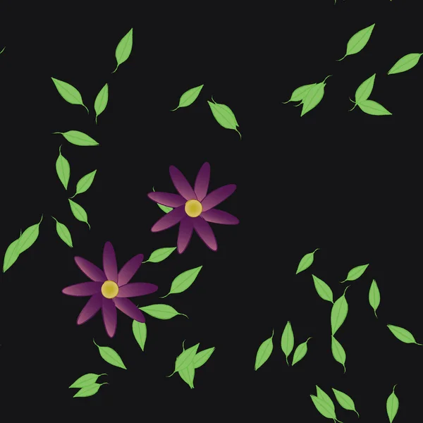 Hermosa Composición Con Flores Colores Simples Hojas Verdes Fondo Negro — Vector de stock