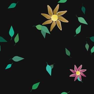 Basit renkli çiçekler ve yeşil yapraklı vektör şablonu