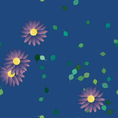 Basit renkli çiçekleri ve arka planda yeşil yaprakları olan güzel kompozisyon, vektör illüstrasyonu