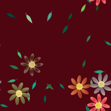 Basit renkli çiçekleri ve arka planda yeşil yaprakları olan güzel kompozisyon, vektör illüstrasyonu