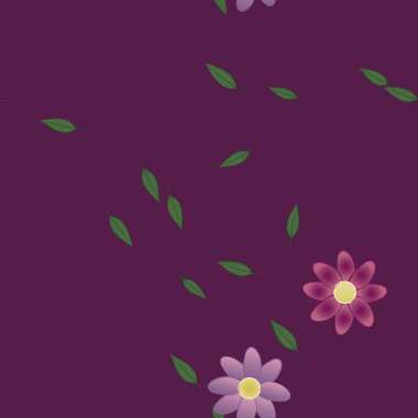 Basit renkli çiçekleri ve arka planda yeşil yaprakları olan güzel kompozisyon, vektör illüstrasyonu