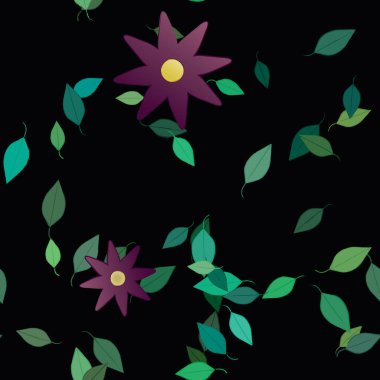 basit renkli çiçekleri olan serbest kompozisyon ve duvar kağıdı için yeşil yapraklar, vektör illüstrasyonu