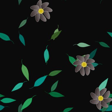 Basit renkli çiçekleri ve arka planda yeşil yaprakları olan güzel kompozisyon, vektör illüstrasyonu