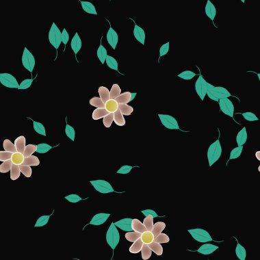 basit renkli çiçekleri olan serbest kompozisyon ve duvar kağıdı için yeşil yapraklar, vektör illüstrasyonu