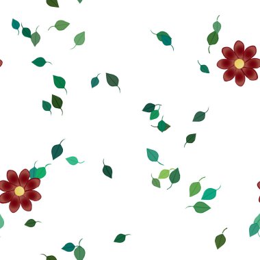 basit renkli çiçekleri olan serbest kompozisyon ve duvar kağıdı için yeşil yapraklar, vektör illüstrasyonu